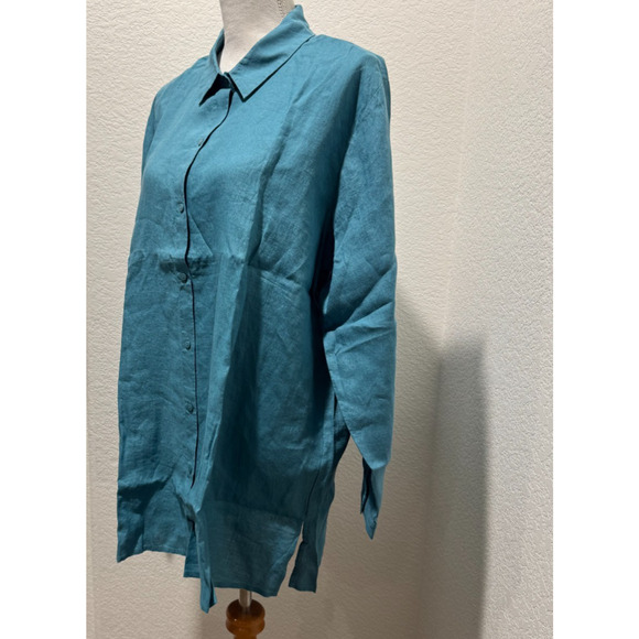 $168 NWT Eileen Fisher Organic Handkerchief Linen Shirt River Blue Sz XL Button - Picture 3 of 12